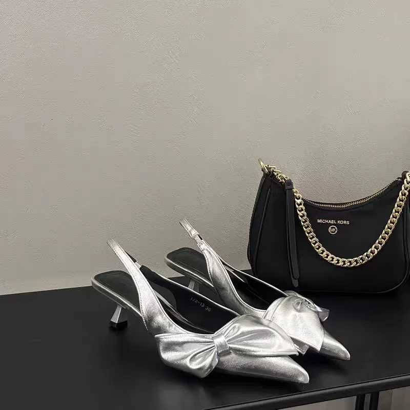 Womens Pumps Slip on Women Sandals Summer 2025 Pointed Toe Silver Party Shoes Fashion Womens High Heels Bowknot Zapatos Mujer W250910