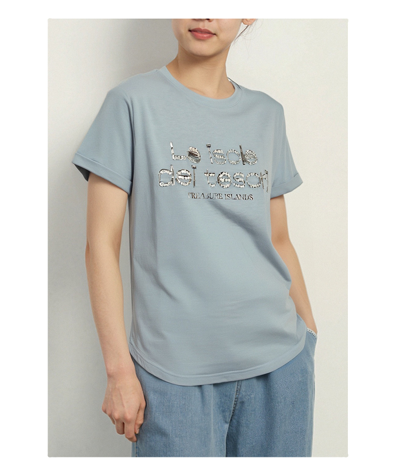 Women's T-Shirt Women's Light Blue Sequin Letter Print T - Shirt, Fashion Trendy Short - Sleeve Casual Top
