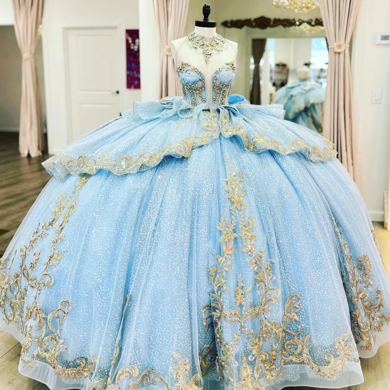Light Blue Shiny Quinceanera Dresses Ball Gown Off The Shoulder Applique Lace Beads Bow Tull Party Birthday Sweet 16 Dress Vestidos 15 De Anos