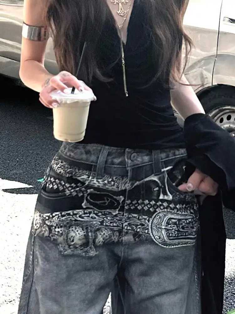 Goth Print Baggy Jeans Women Street Harajuku Hip Hop Vintage High Waisted Jeans Woman Clothing Wide Leg Women Jeans Y2k Pants Z250910