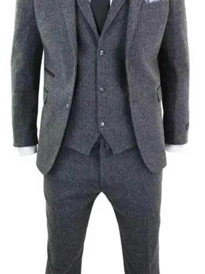 3 Piece Gray Wool Tweed Winter Suit for Men Herringbone Slim Fit Formal Groom Tuxedo Wedding Male Suits JacketVestPants W250910