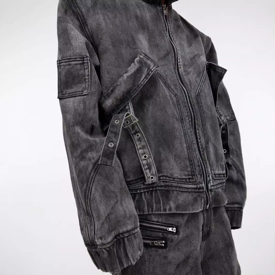 NOYMEI fashion mens denim two-piece set solid color autumn winter black cargo wide leg jeans short jacket WA3035 241030