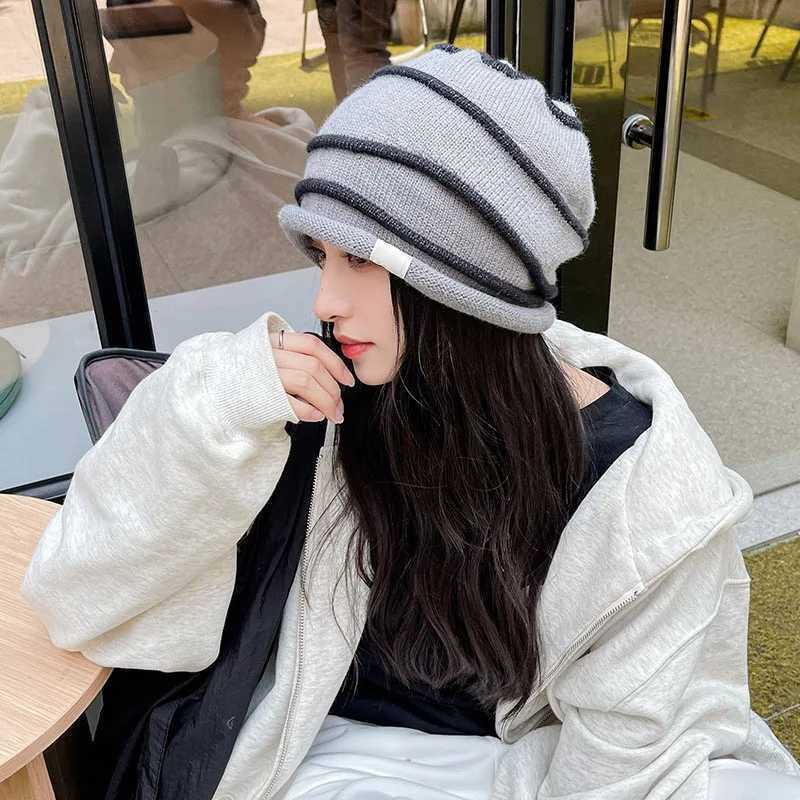 RICYGVM Korean Wen Rold Edge Plover Hat Baggy Slouchy Beanie Autumn Winter Ear Warm Skls Fashion Girl Kint Woon G250910