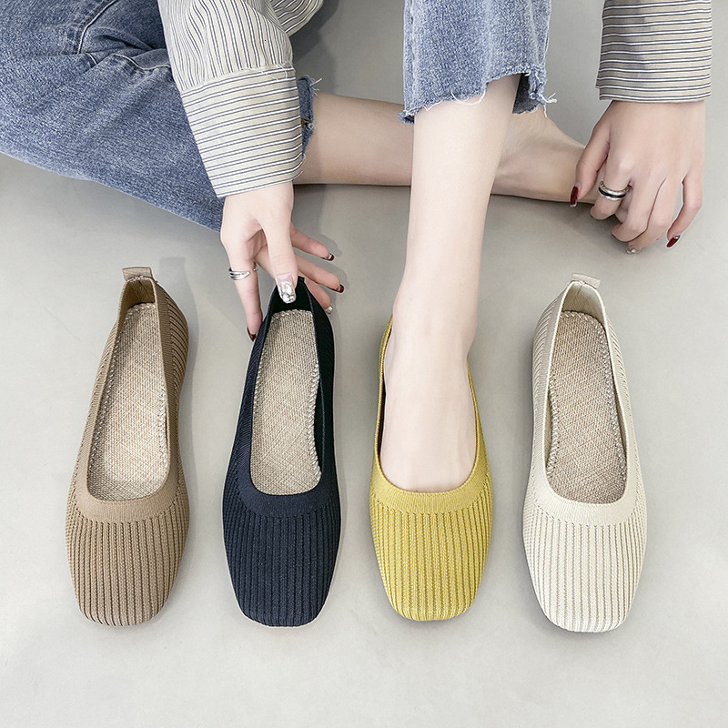 Designer single shoe women's flat shoes autumn new soft sole square toe shallow breathable slip on knitted grandma shoes women's casual shoe