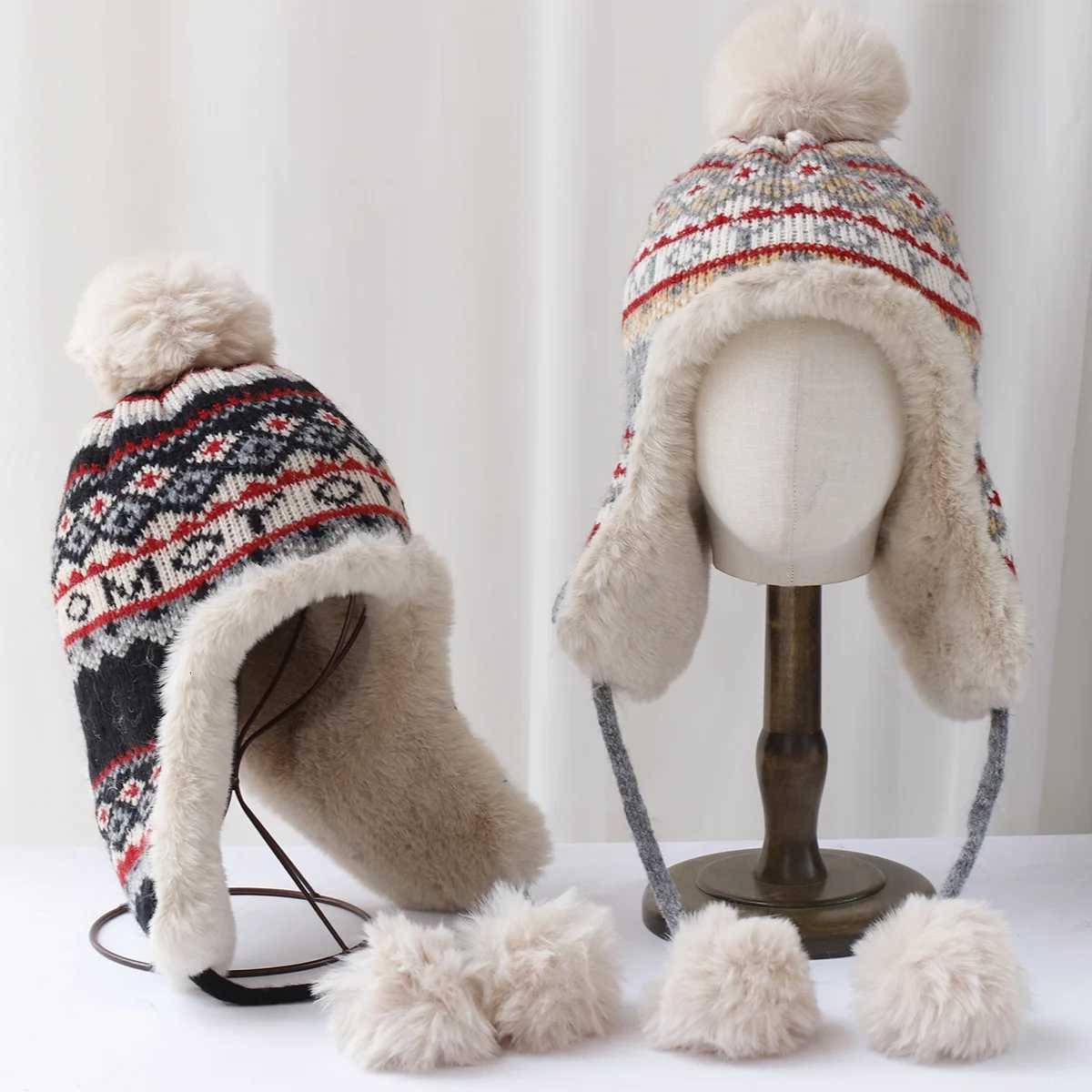 2024 Autumn Winter Sherpa Peru Hat Ear Protection Warm Knitting Plush Ball Snow Ski C Hunting Balaclava Windproof IntegratedXJ250910