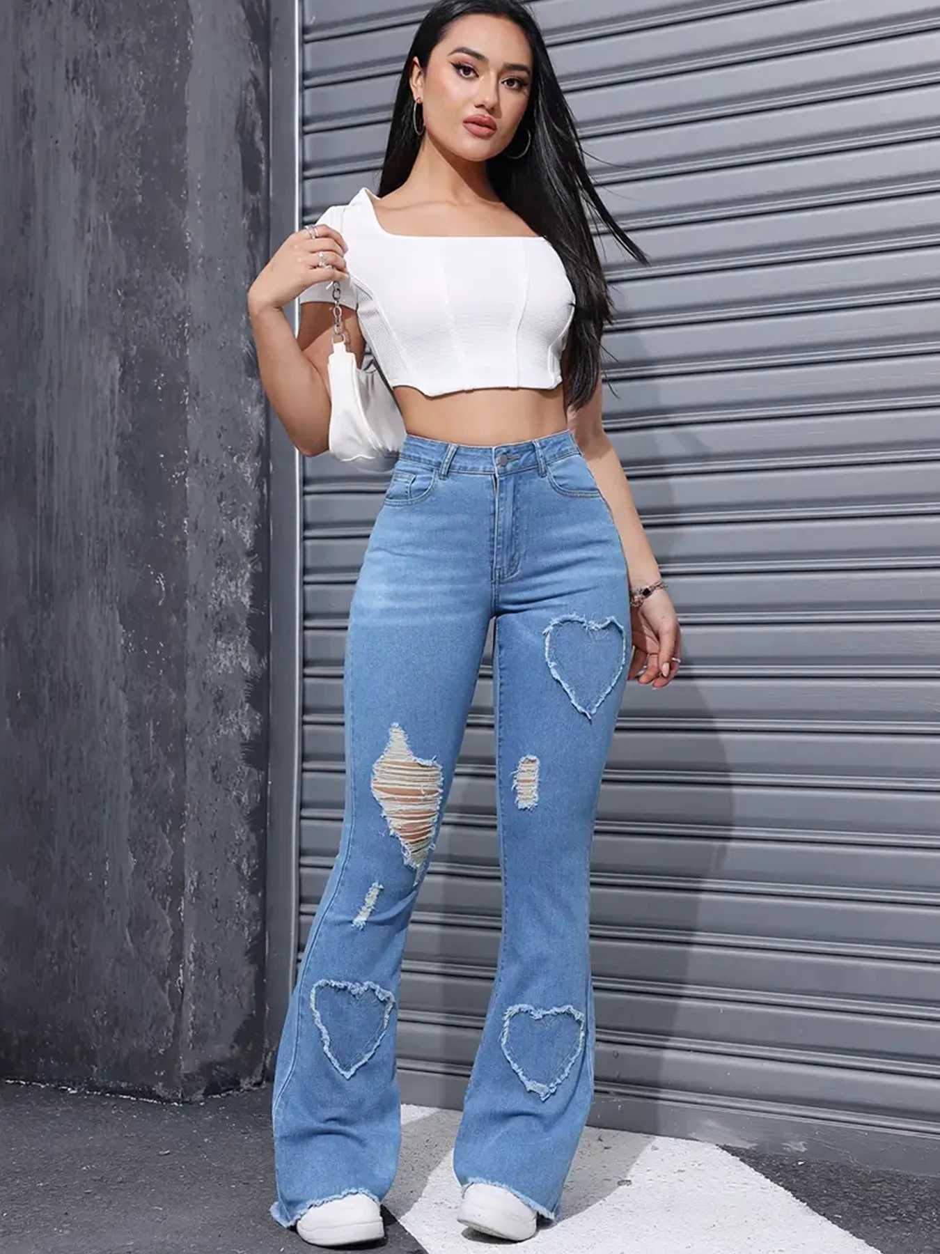 2025 Womens New Distressed Jeans Embroidered Patch Fabric High Elasticity Fashionable and Versatile Comfortable Denim Women Z250910