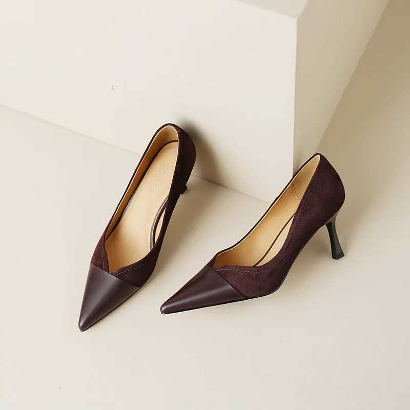 2023 New Stitching High Heels Womens Single Shoes Pointed Thin Temperament Hollowed Out Apricot Matching Shallow Mouth W250910