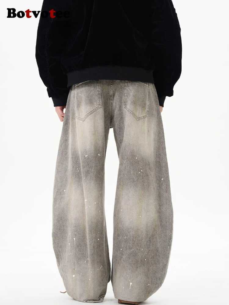 Botvotee American Vintage Splatter Paint Gray Baggy Jeans for Women High Waisted Wide Leg Y2k Loose Streetwear Jean Denim Pants Z250910