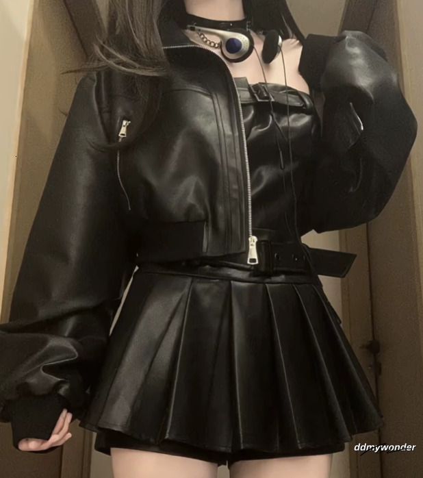 Denim And Skirt Y2k Pu Leather Patchwork Black Skiing Set Haruku Gothic Sexy Zipper Mini Jacket ddmywonder ddmywonder ddmywonder