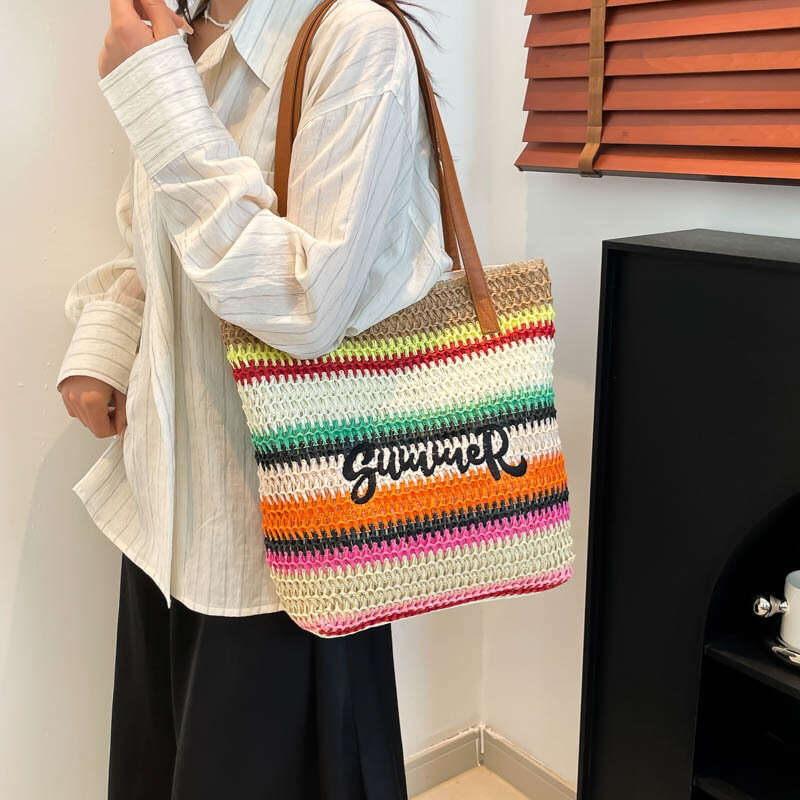 Lanjia- Handmade Straw Tote For Women, Large Capacity Commuter Bucket Single Shoulder Underarm Bag, Unique Rainbow Color Block Shopping Bag B2df9