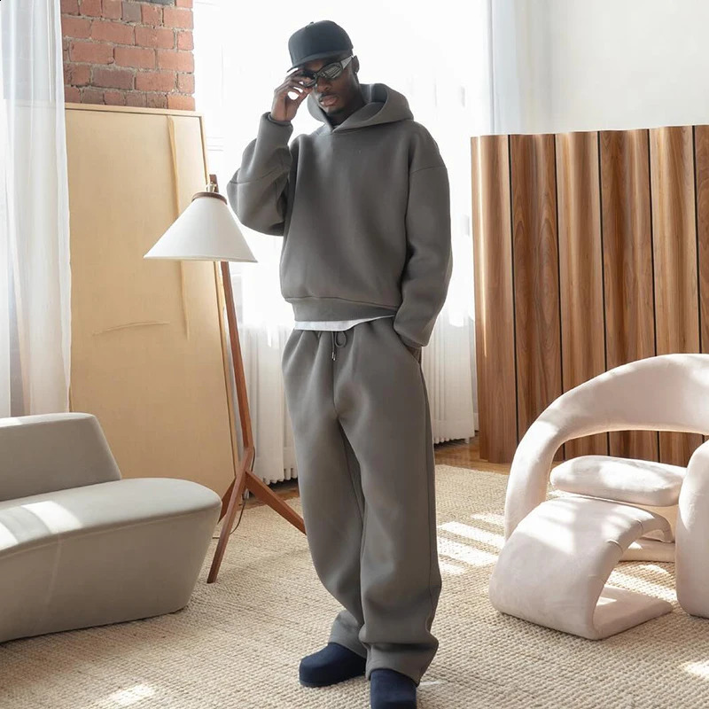 Mens Casual Solid Hooded Pullover Straight Pants 2 Piece Set Tracksuit For Fashion Loose Hoodies Sweatshirt Wide Leg Sweatpants 250906