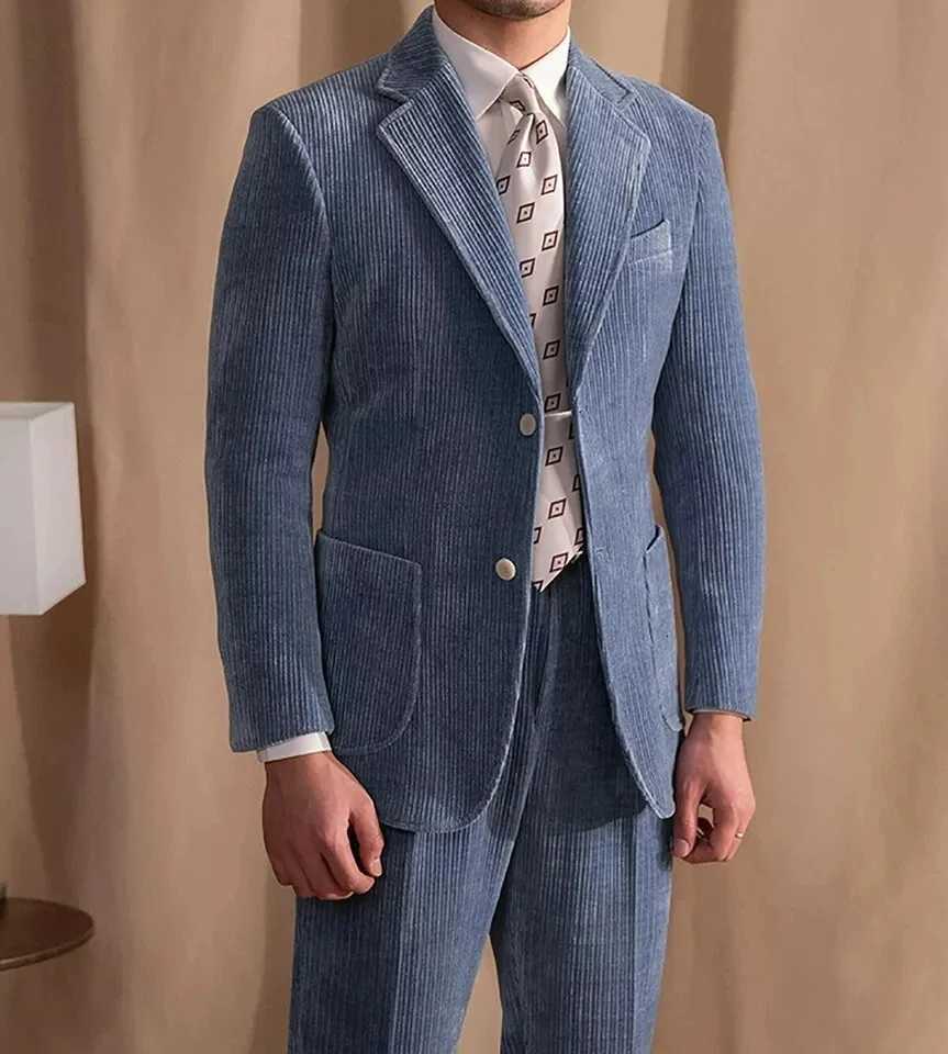 Corduroy Mens Suit Set Blue Suit Jacket Suit pants Mens autumn Blazers Business suit set W250910