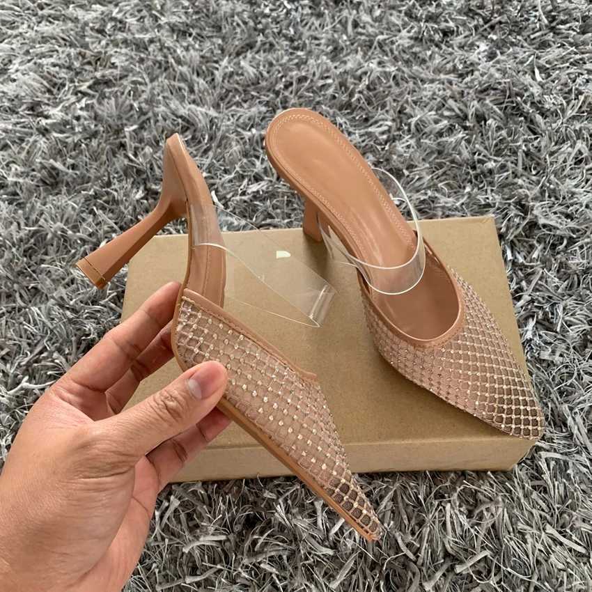 2025 Women High Heels Sandals Summer Elegant Pointed toe Fashion Mesh Rhinestone luxury designer Party Lady Mules Shoes W250910