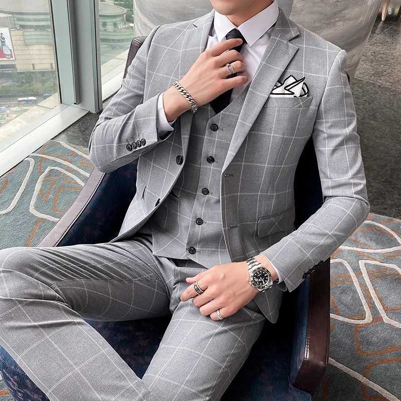 Blue Men Classic StripedChecked Suits Business Office 3 Piece Sets Asian Size Mens Dress Suits BlackGray Available M4XL W250910
