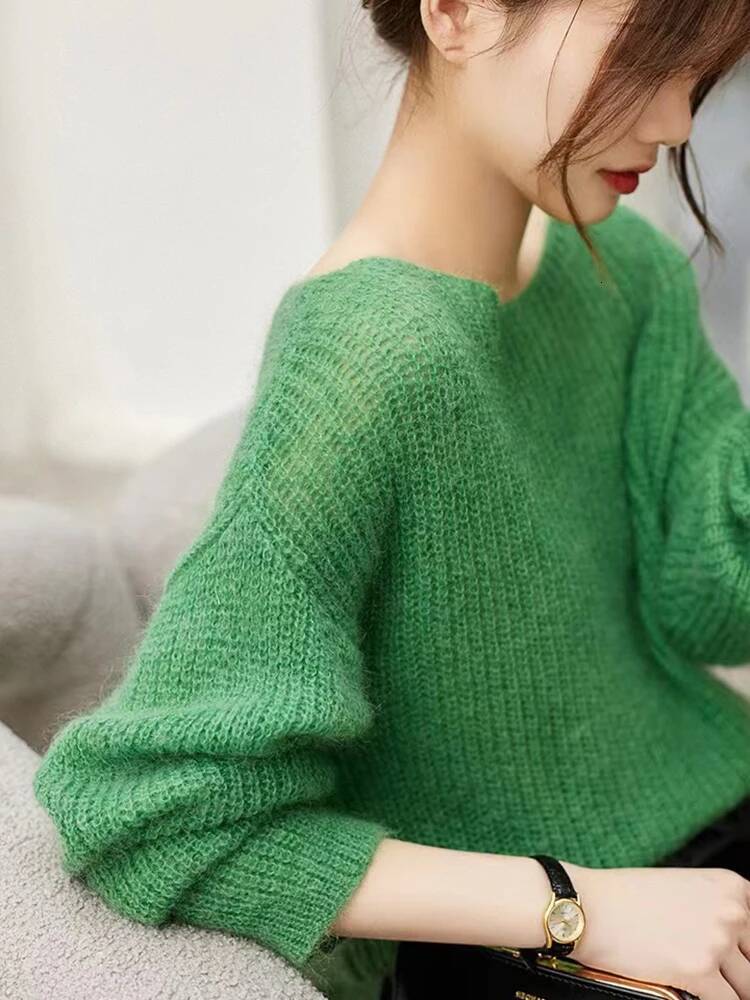 Elegant See-through Pullover Loose Jumper Autumn Winter Soft Warm Women Knitwear Sweater Basic Solid Cashmere Tops dongdumaoyi