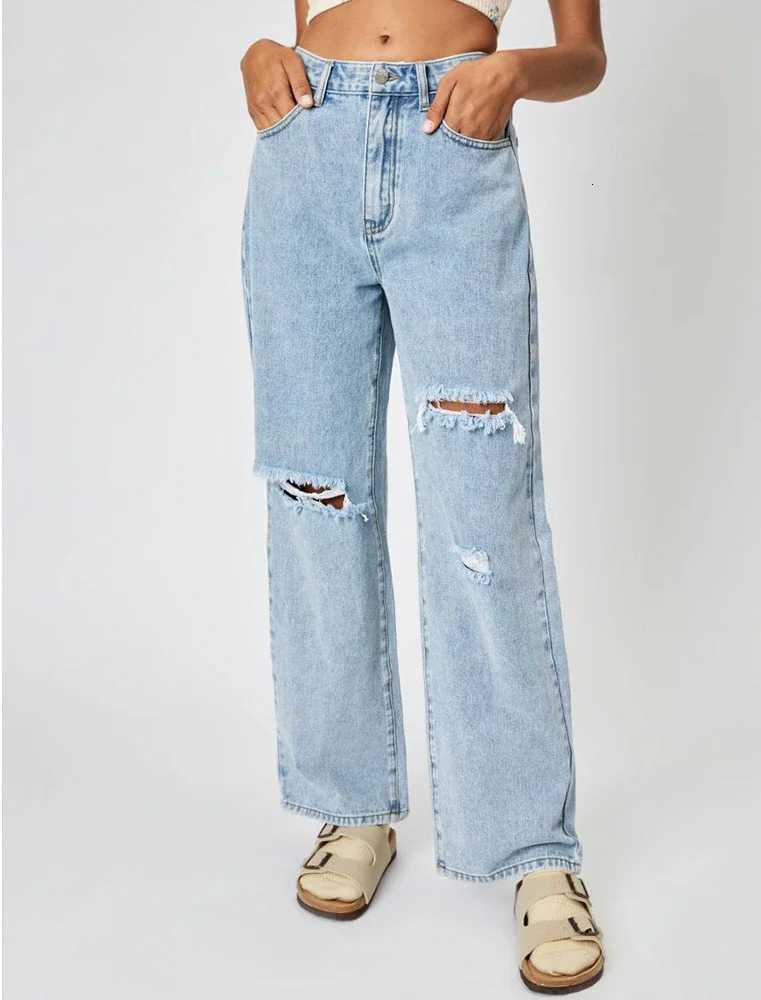 Straight Pants Women Streetwear Hole Jeans High Waist Ripped Washed Pockets 2025 Vintage Basics Ankle Length Trousers Denims Z250910