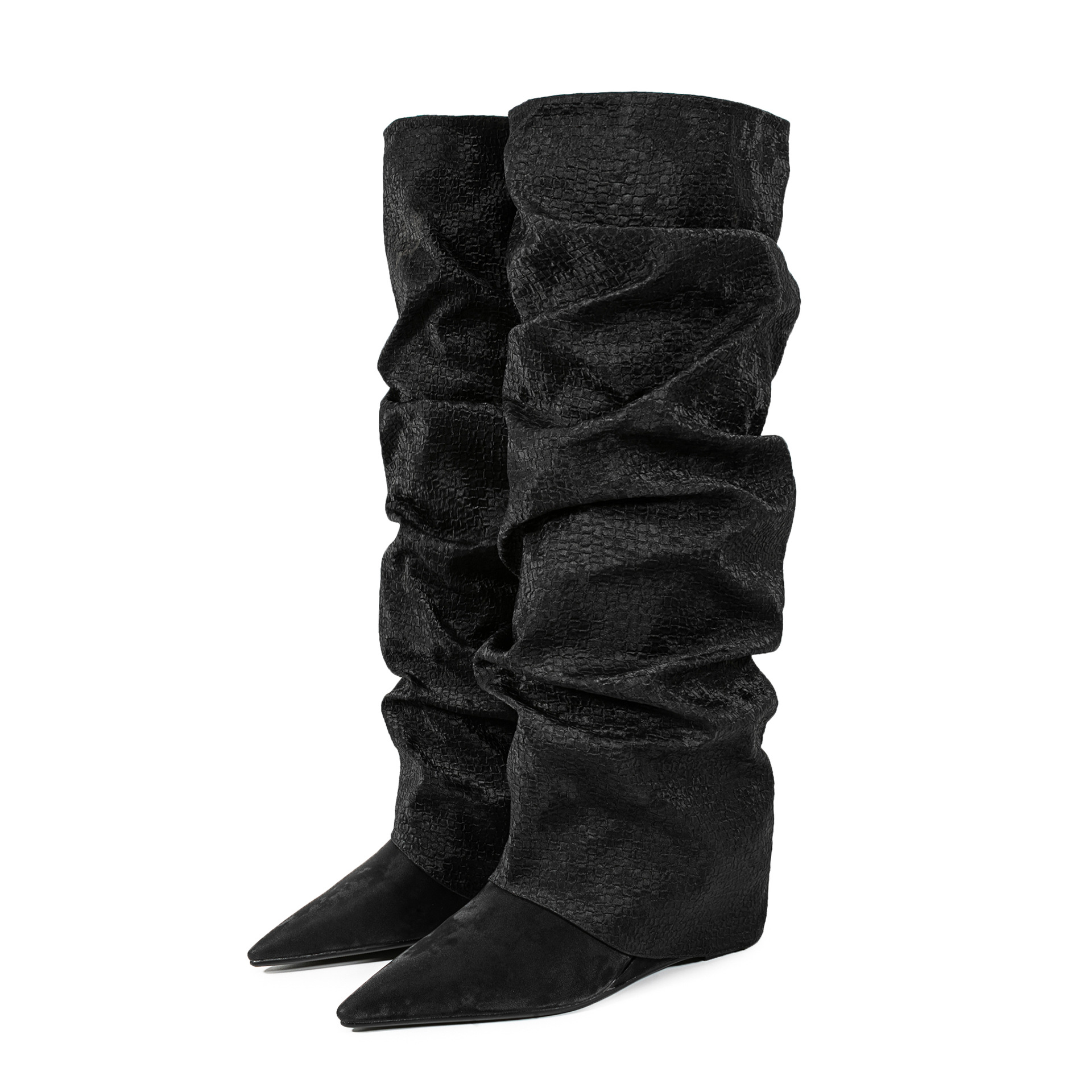 Chengdu Artisan Silk-Finish Stacked Knee Boots - Wedge Heel Snake Print Boots (5 Colors) Customizable Height and Width
