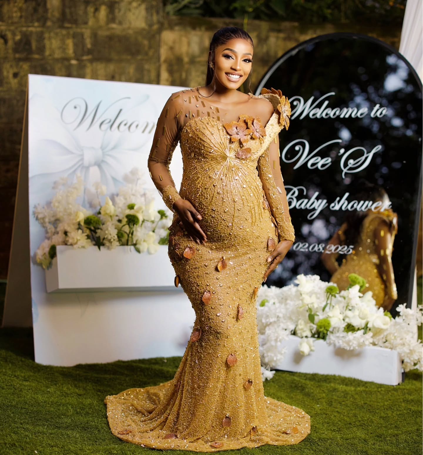 Mermaid Gold Pregnant Prom Dresses 2025 Beaded Crystals Flowers Evening Formal Party Second Birthday Engagement Gowns Plus Size Dress For Special Occa