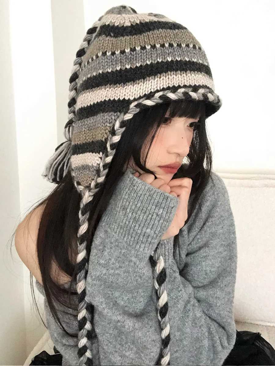 Retro Striped ColorBlocked Knitted Braided Woolen Hat For Women With Wool Earmuffs For Warmth In Autumn AndXJ250910