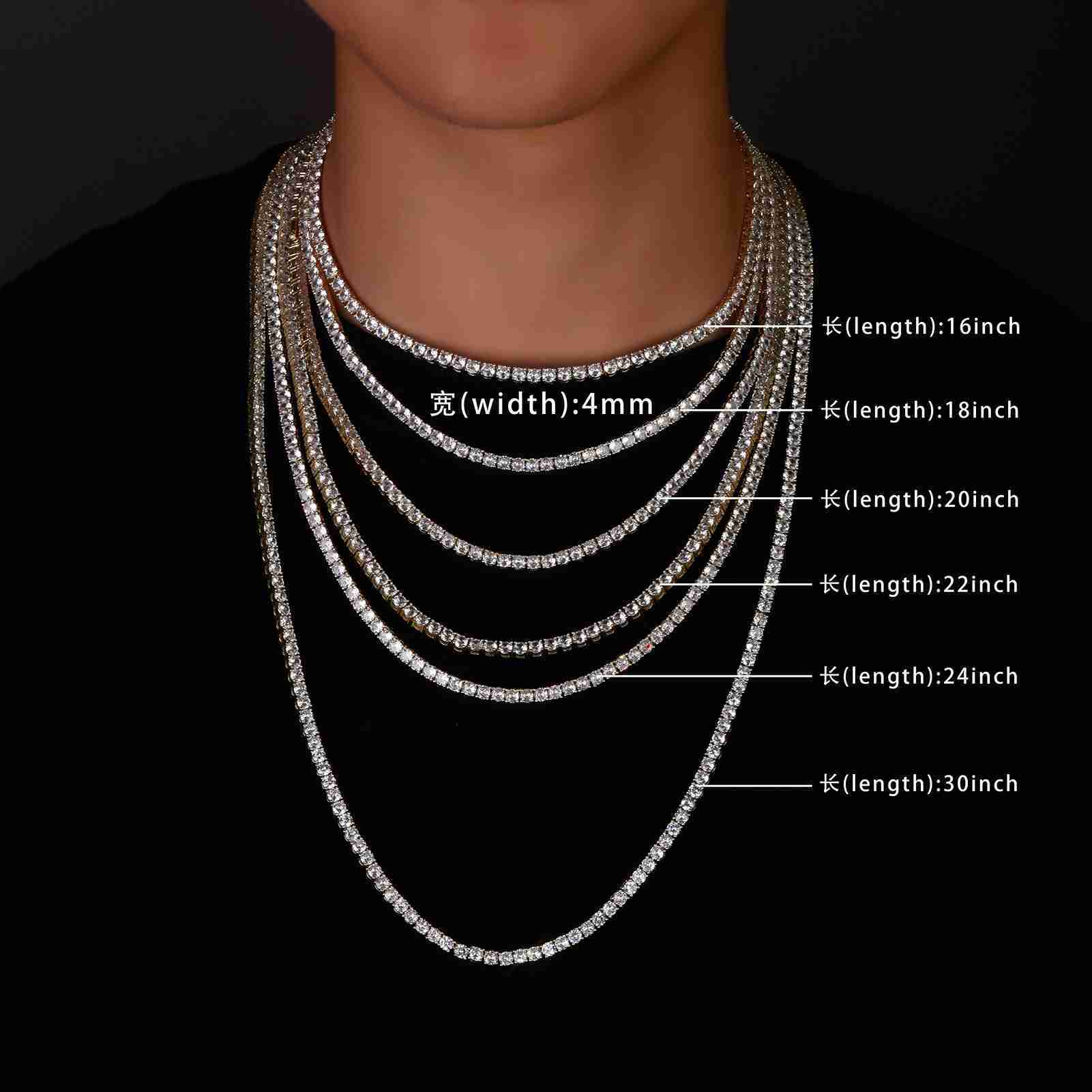 Hiphop Luxury 925 Sterling Silver Tennis Necklace with VVS Moissanite Diamond Baguette Chain 3mm 4mm 5mm Sizes Gold Finish