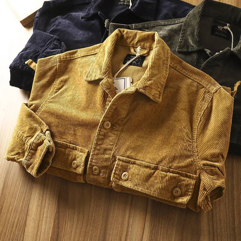 Fashionable Mens Corduroy Cargo Jackets 2025 Spring Fall Casual Solid Color Button Turn-down Collar Coats For Men Vintage Jacket