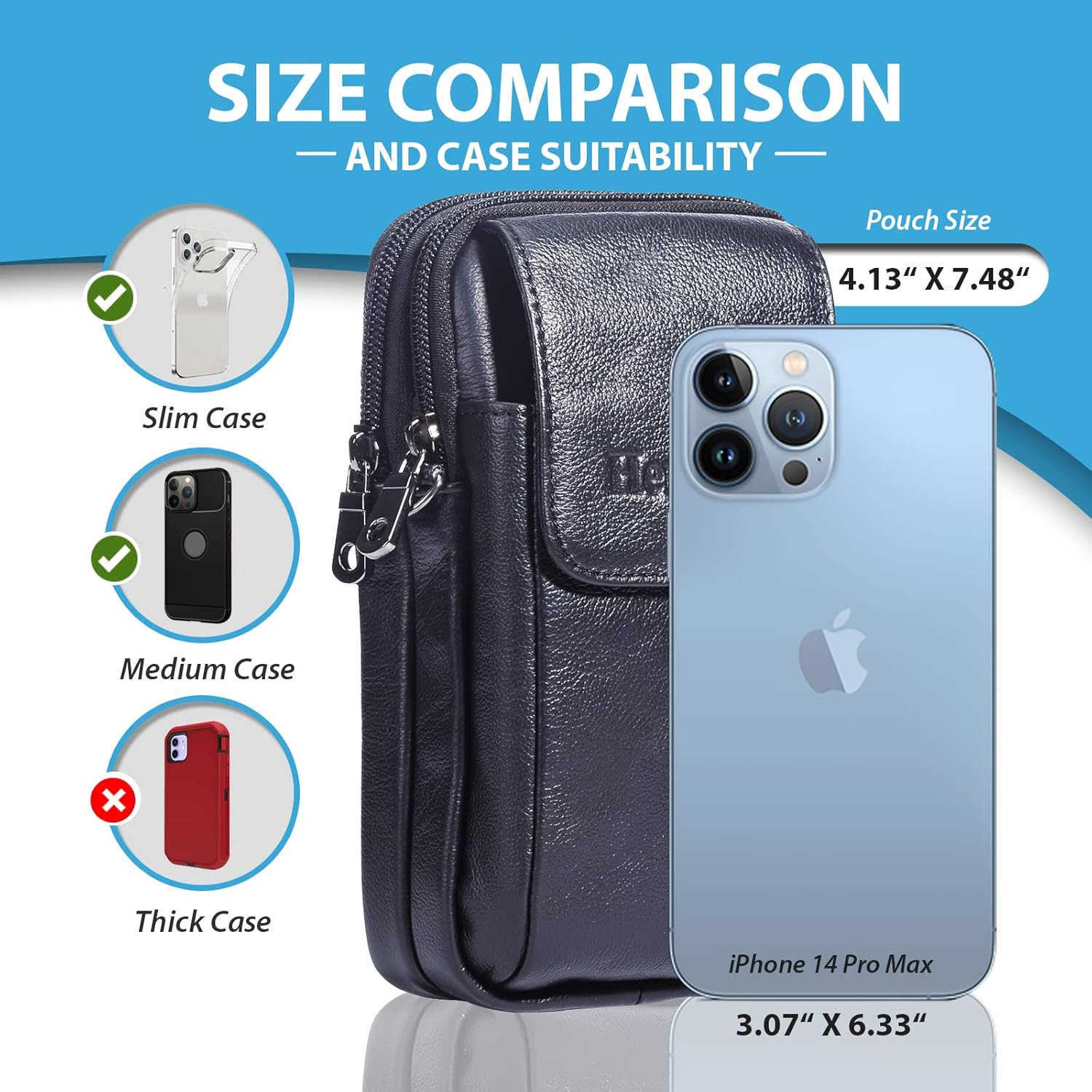 Leather Vertical Men Cell Phone Holster Wallet Case with Belt Clip Loop Travel Messenger Bag Waist Pouch Crossbody Purse Fits for iPhone 15 14 Pro Max