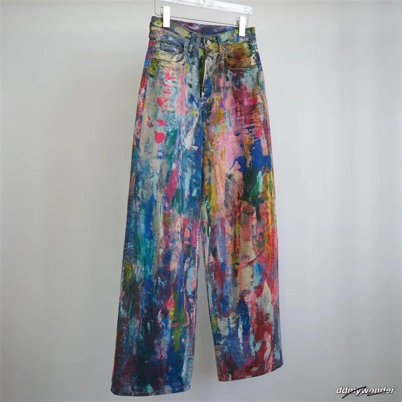 Womens Jeans 2025 Spring Painted Graffiti Pants Couple Style Loose Straight Leg Pure Cotton Wide 250107