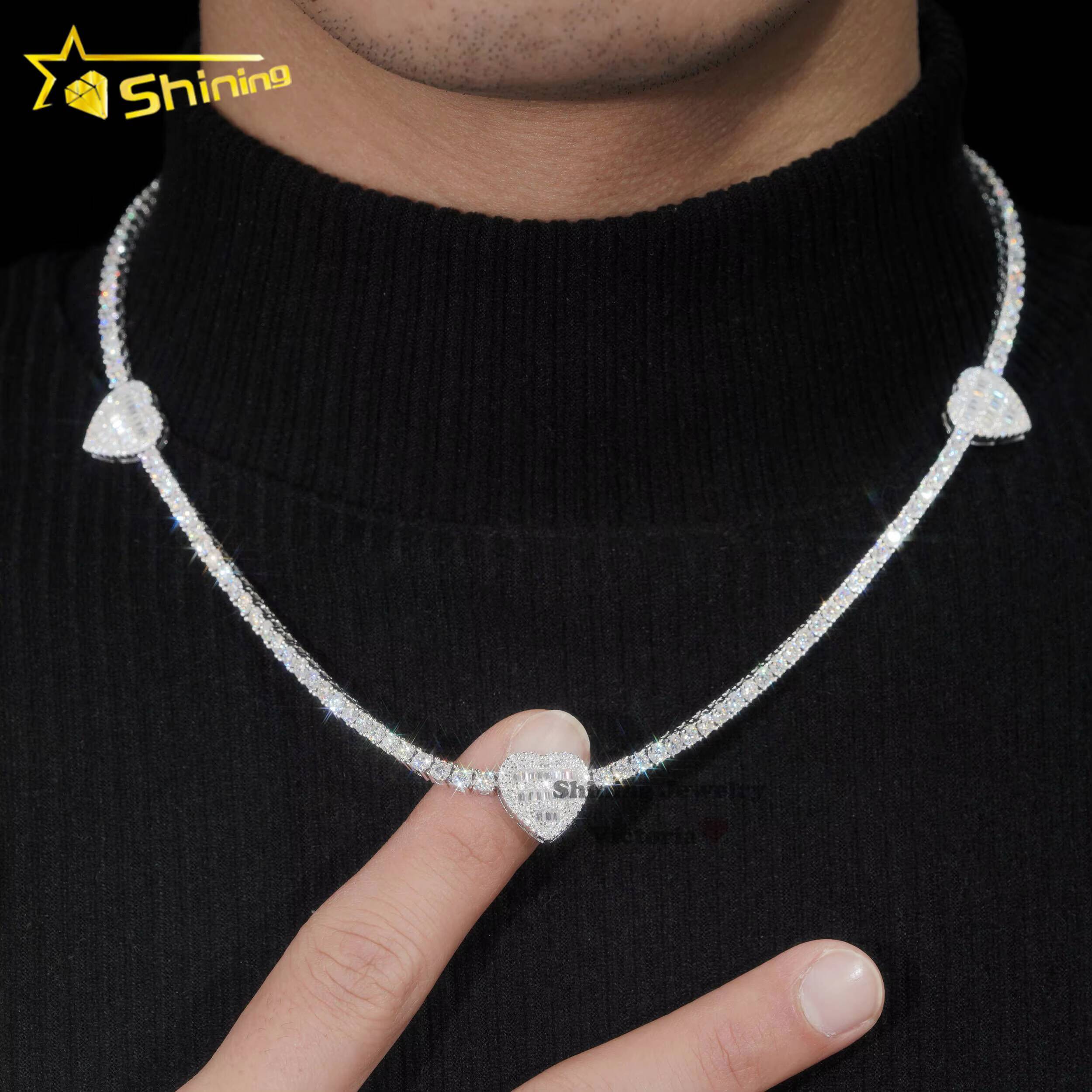 Fine Jewelry 3mm White Gold Plated 925 Sterling Silver Moissanite Diamond Iced Out Baguette Heart Shape Tennis Chain Necklace