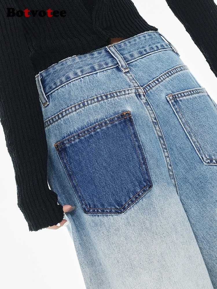 Botvotee Fashion Baggy High Waisted Blue Jeans for Women 2025 Y2k Denim Pants Patchwork Women Clothing Z250910