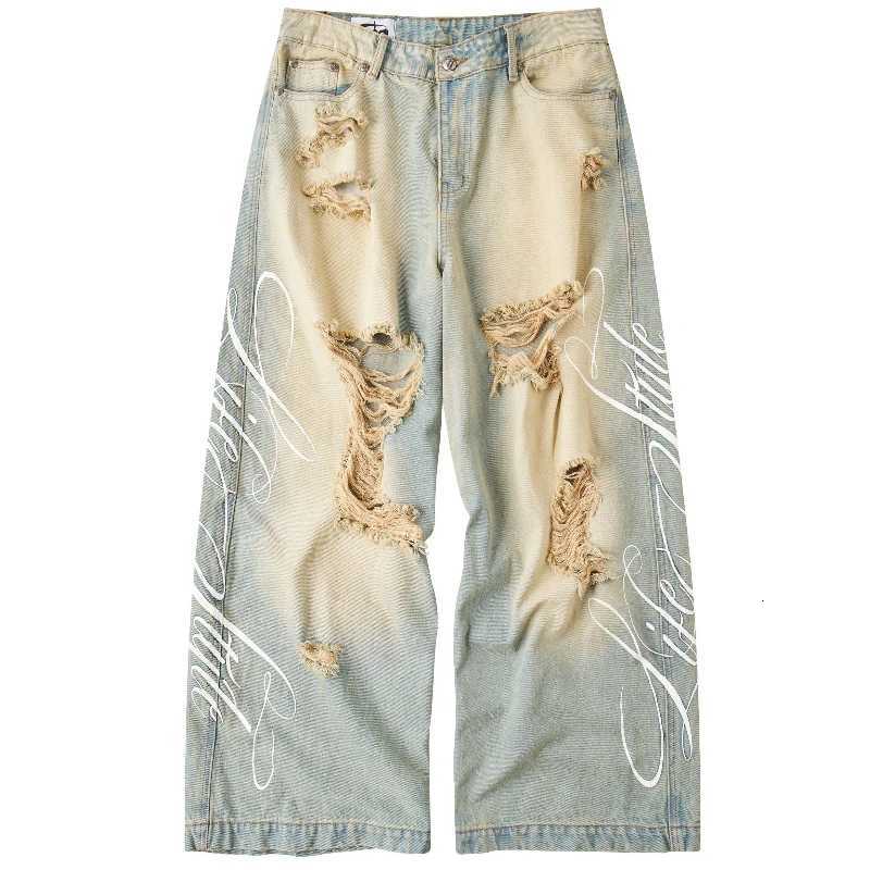 Y2K New Womens Loose Wash Old Ripped Jeans American Retro Streetwear Print Pattern Wideleg Jeans Hiphop Gothic Jeans Unisex Z250910
