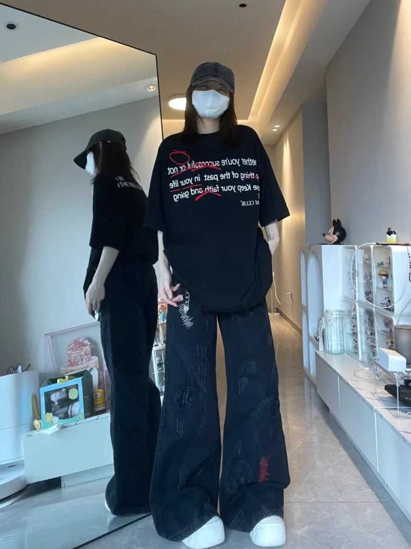 American High Street Heavy Industry Embroidered MicroLa Washed Jeans Women Y2K New Vintage Design Sense Small Tide Pants Z250910