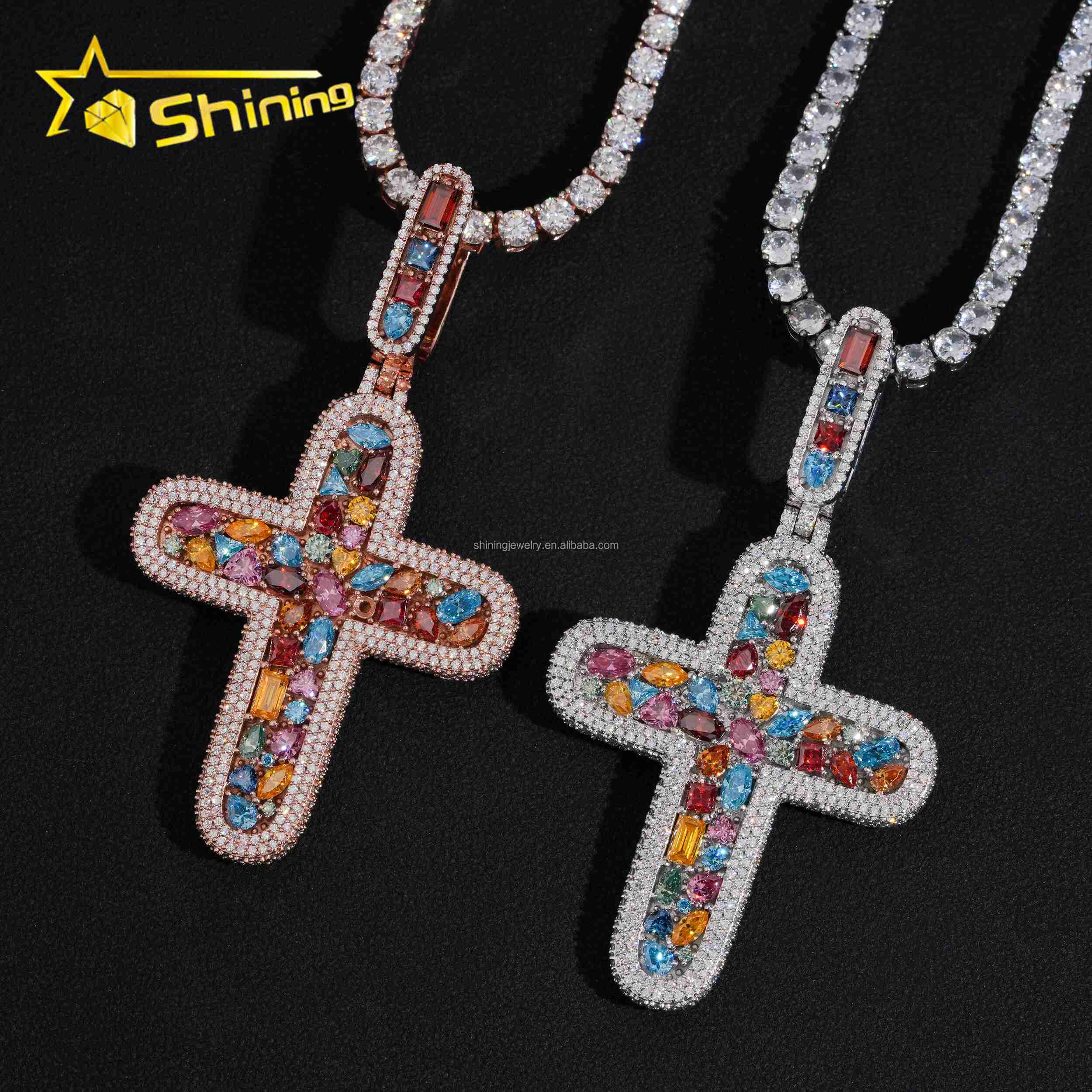 Personalized High Quality Hip Hop Rapper Jewelry Rainbow Color Moissanite Diamond S925 Solid Silver Iced Out Man Cross Pendant