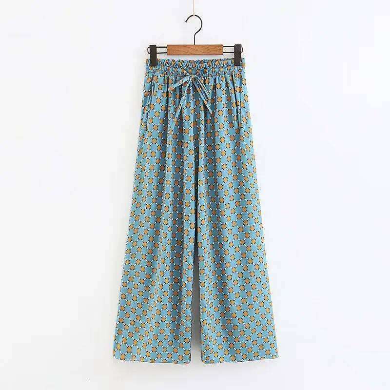 Designer Clothing 2025 Women Set Spring Fashion Blue Printed Kimono Jacket With Feather Sleeves Wide Leg Pants Two Piece Vintage Elegant Ladies Suits