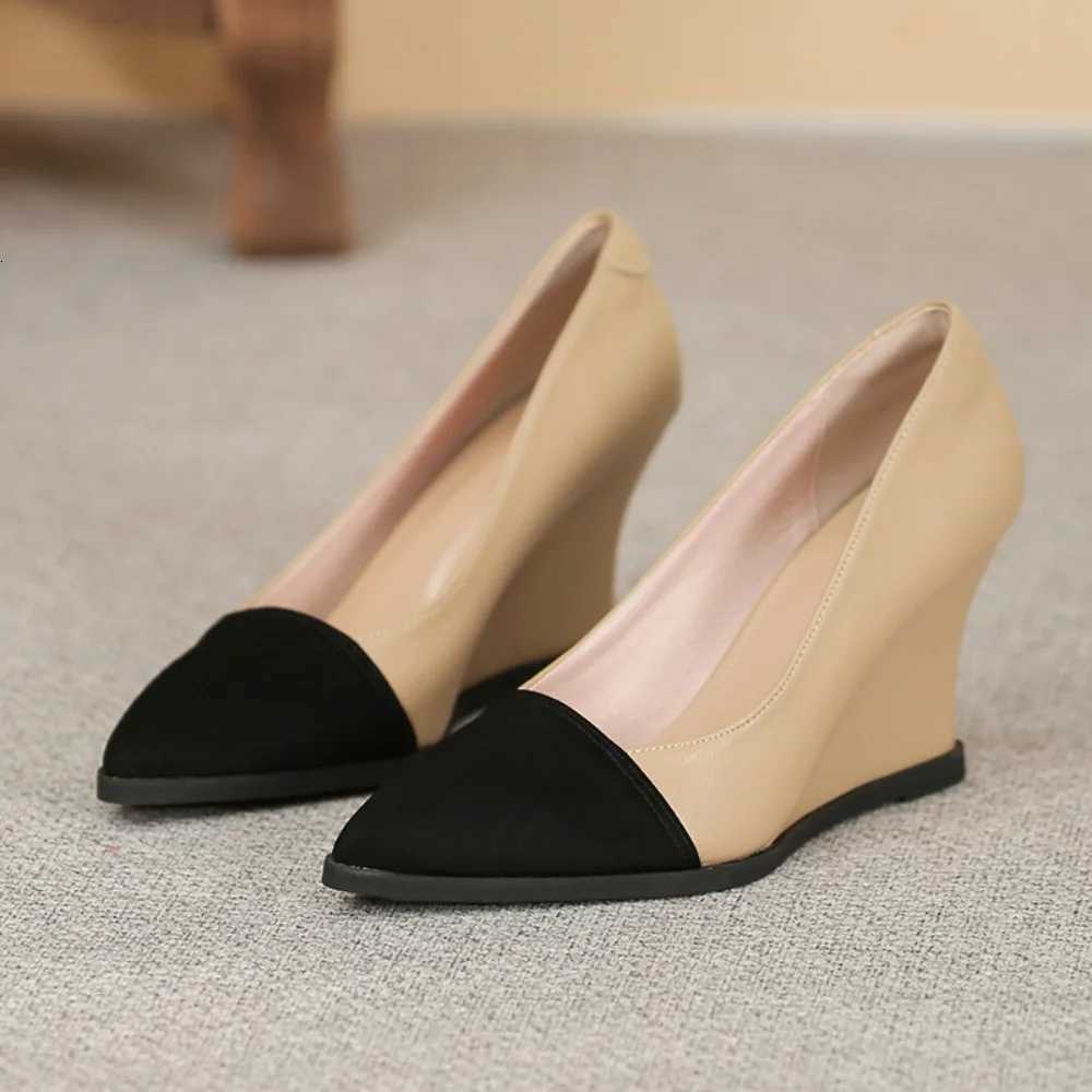 Women Leather Pointed Toe Wedges High Heel 5cm8cm Slip on Comfortable Soft Sole Work Shoes Wide Heels Women Pumps Women Shoes W250910