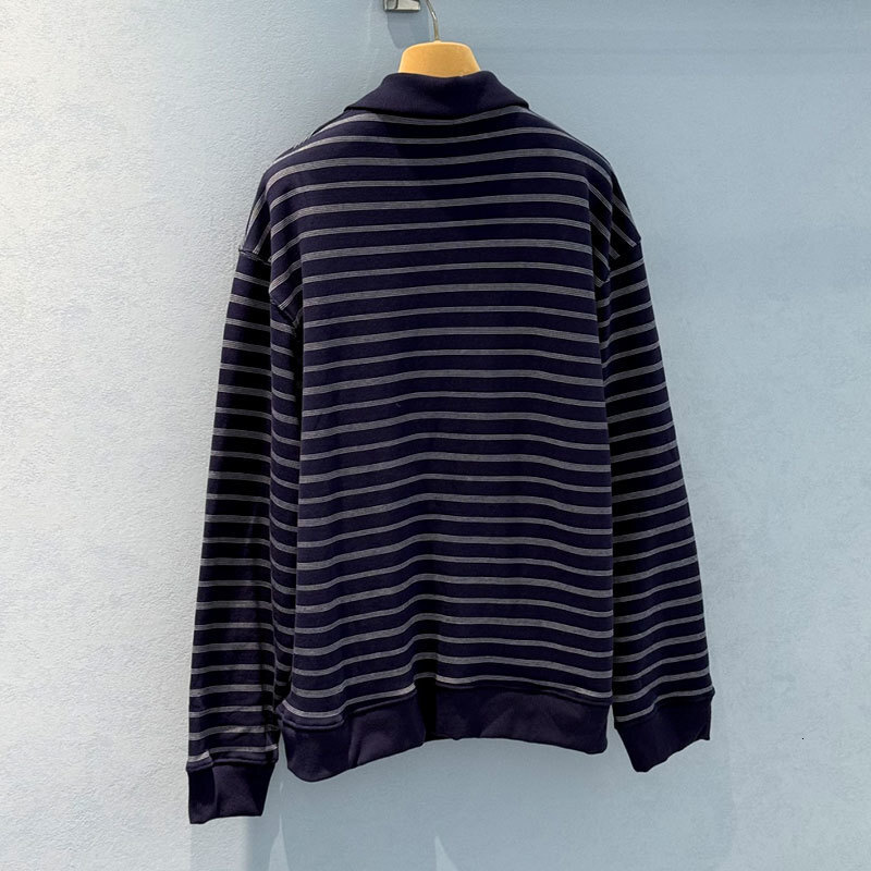 Luxury Y2K Designer Elegant Retro Women's Navy Blue Pure Cotton Striped Pullovers Notched Collar Front Zipper Design Sweater Long Sleeve Daily We