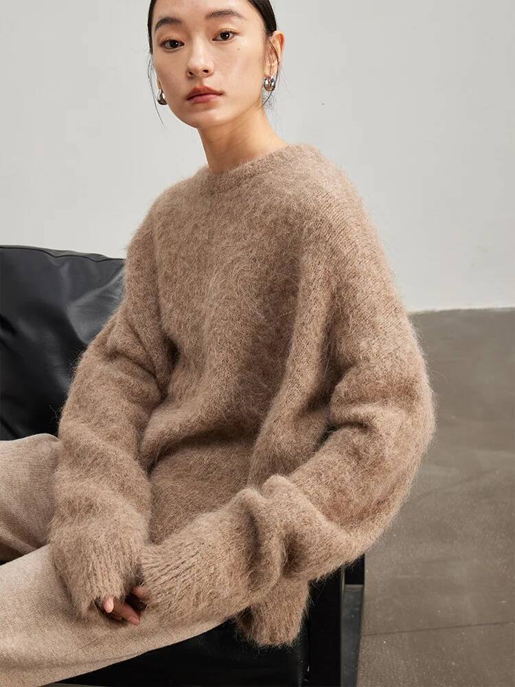 SuyaDream Warm Alpaca Pullovers for Woman, Dropped Sleeved Loose Sweaters, 2025 Fall Winter Top, Camel, Beige dongdumaoyi