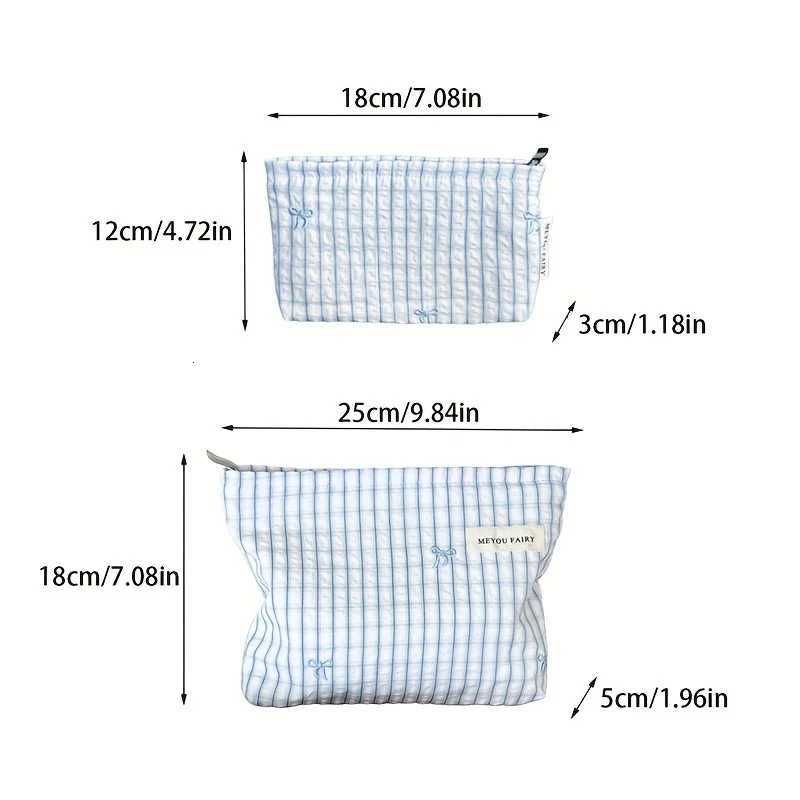 Light Blue Striped Bow Cosmetic Bag Women Travel Makeup Organizer with Zipper MultiUse Toiletry PouchXJ250910