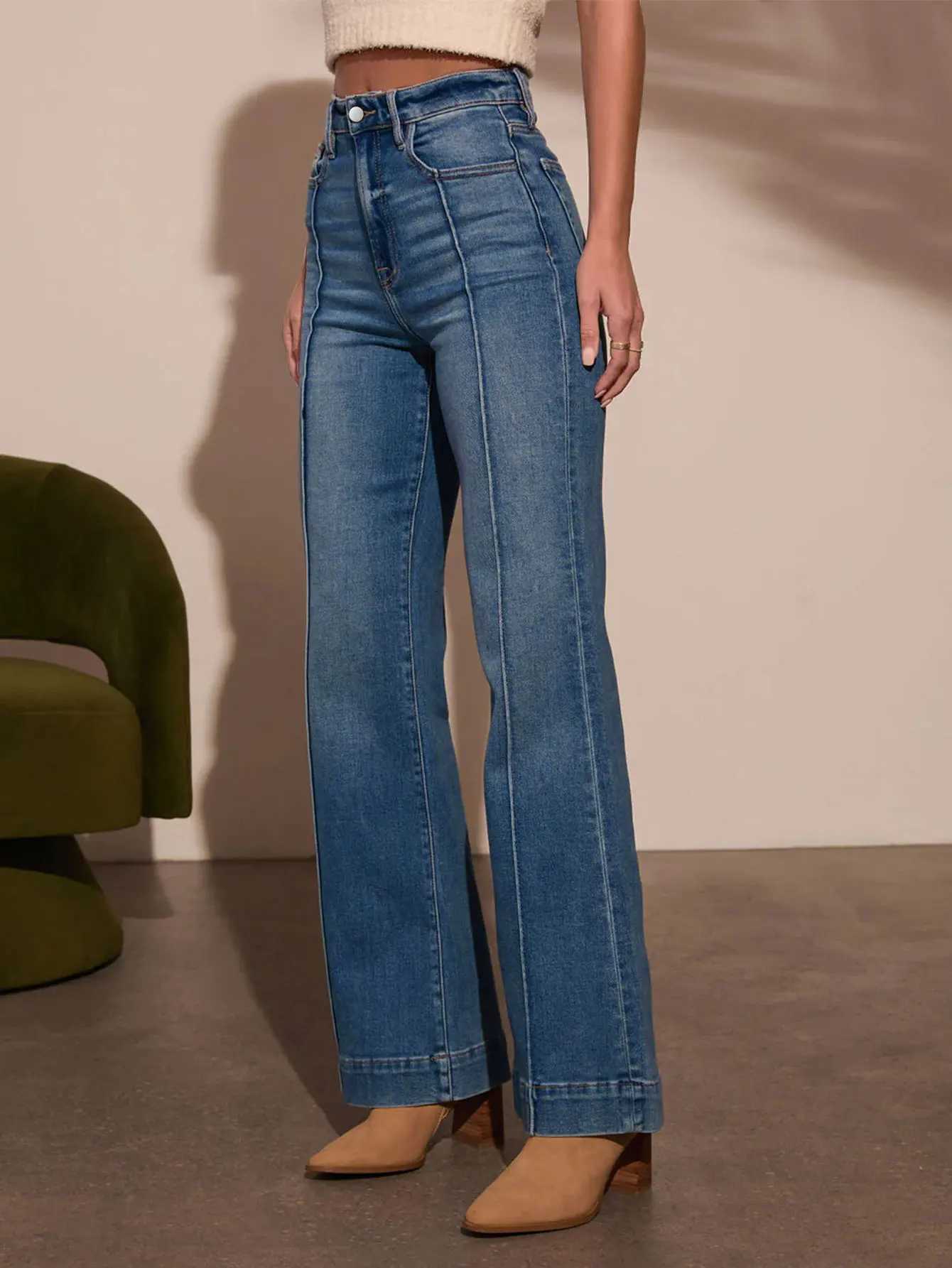 Autumn new womens dark blue high waist straight jeans slim fit wide leg version stretch denim fabric elegant intellectual jeans Z250910