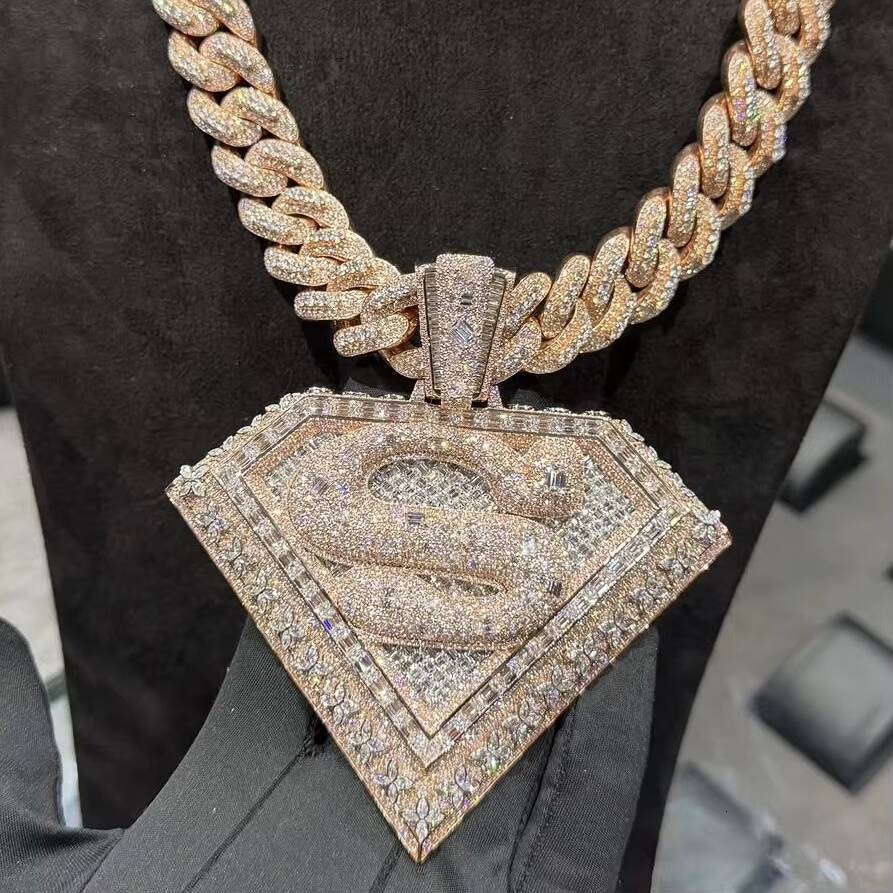 25inch Width Fancy Cut 3D Design Emerald Cut Setting Lab Grown Diamond Custom Name S Pendant 10K Rose Gold VVS1