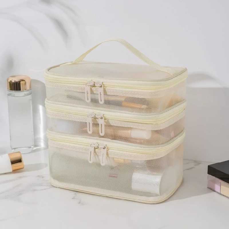 3Layer Mesh Cosmetic Bags Large Capacity Foldable Travel Organizer Bag for Toiletries Cosmetics Makeup Case BagXJ250910