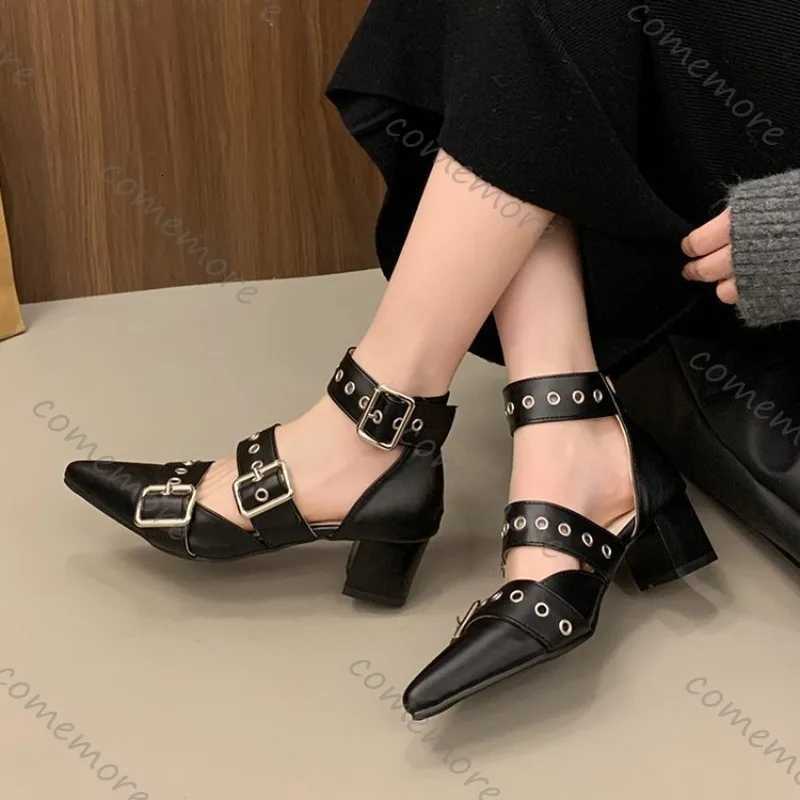 Comemore Retro Belt Buckle Pointed Pumps Chunky High Heeled Riveted Shoes Hollowed Out Solid Womens Baotou Thick Heel Sandals W250910