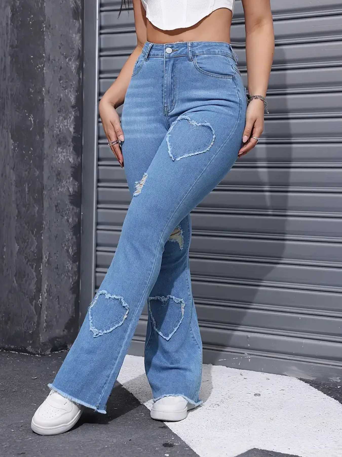 2025 Womens New Distressed Jeans Embroidered Patch Fabric High Elasticity Fashionable and Versatile Comfortable Denim Women Z250910