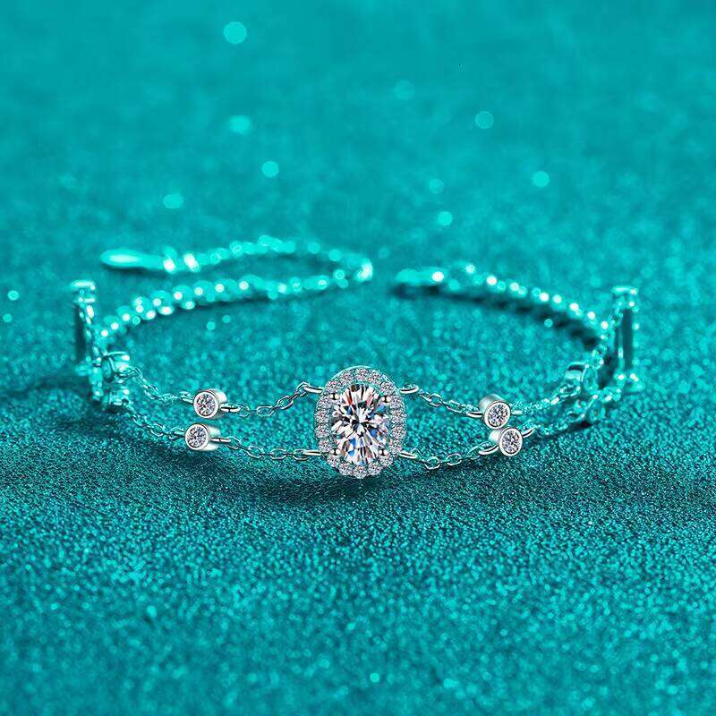 Sterling Sier Double Chain Moissanite Bracelet with Advanced Design Gold Blue Oval Fashionable Bangles