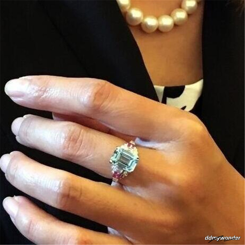 Size 6-10 Top Sell Jewelry Sterling Sier Aquamarine CZ Dia Gemstones Ruby Party Women Wedding Engagement Band Ring Gift