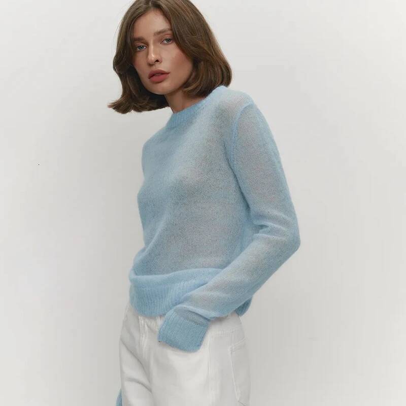 Tornova Mohair Knit Women's Long Sleeves O-Neck Pullover Sweater Lady Loose See Through Top Solid Casual Summer Fashion dongdumaoyi