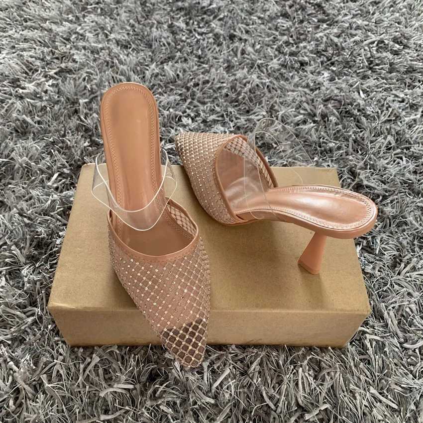2025 Women High Heels Sandals Summer Elegant Pointed toe Fashion Mesh Rhinestone luxury designer Party Lady Mules Shoes W250910