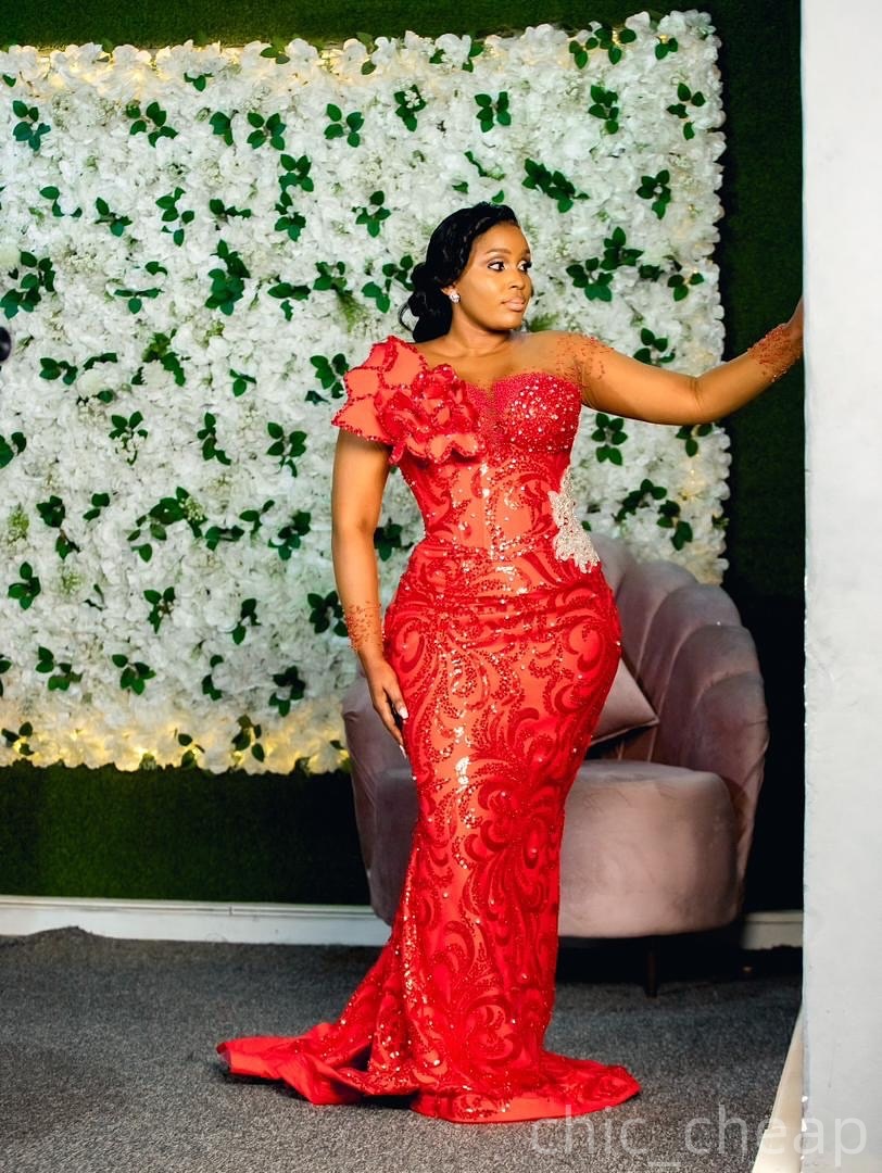 Mermaid Red Prom Dresses 2025 Full Sleeves Beaded Flowers Sequined Lace Evening Formal Party Second Birthday Engagement Gowns Plus Size Dress For Spec