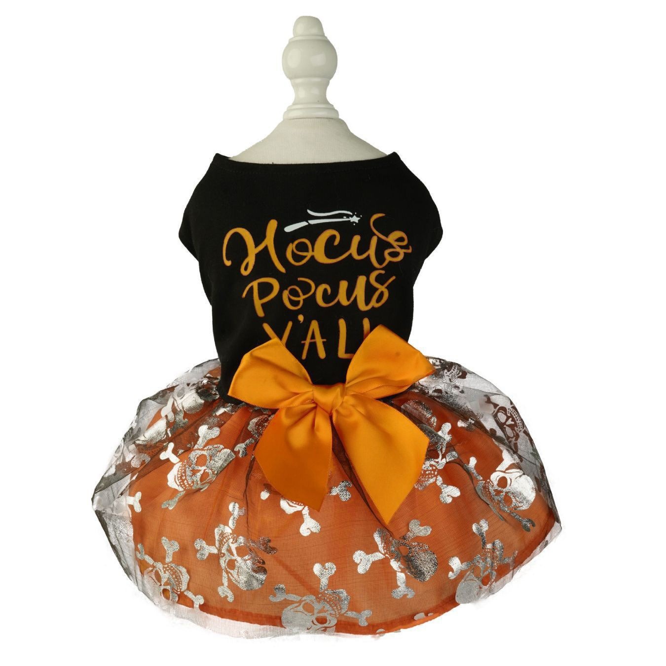 Halloween Dog Dress with Hocus Pocus Y'all Print, Silver Skeleton Skull Pattern Tutu Skirt & Big Orange Bowknot, Perfect for Halloween Parties, T