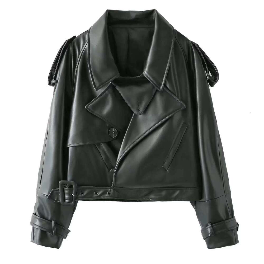 Designer Clothing 2025 Casual Street Leather Jacket Women Solid Lapel Long Sleeved Belt Crop Female Coats 2025 Autumn Y2k Fashion Loose Pu Outwear Lad