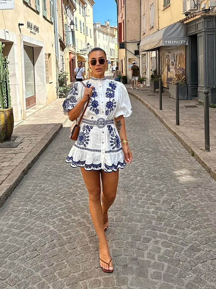 2025 Spring New European design and American Fashion Women's Fashion Printed Single breasted Stand collar Fluffy Short sleeved Dress Designer Dre